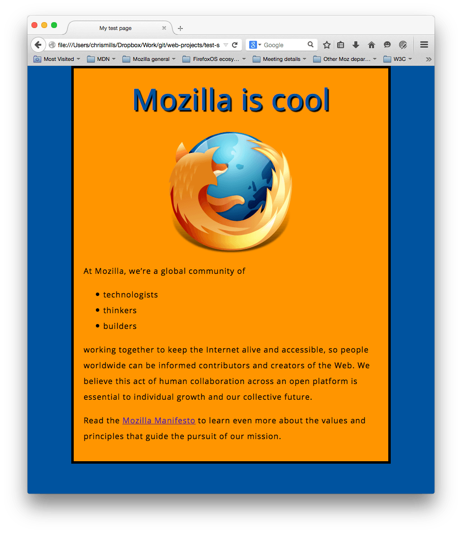 Firefoxのロゴを中央に配置し、ヘッダーと段落を配置しています。これで、ページ全体の背景が青くなり、中央に配置されたメインコンテンツストリップの背景がオレンジになるなど、きれいなスタイルになりました。