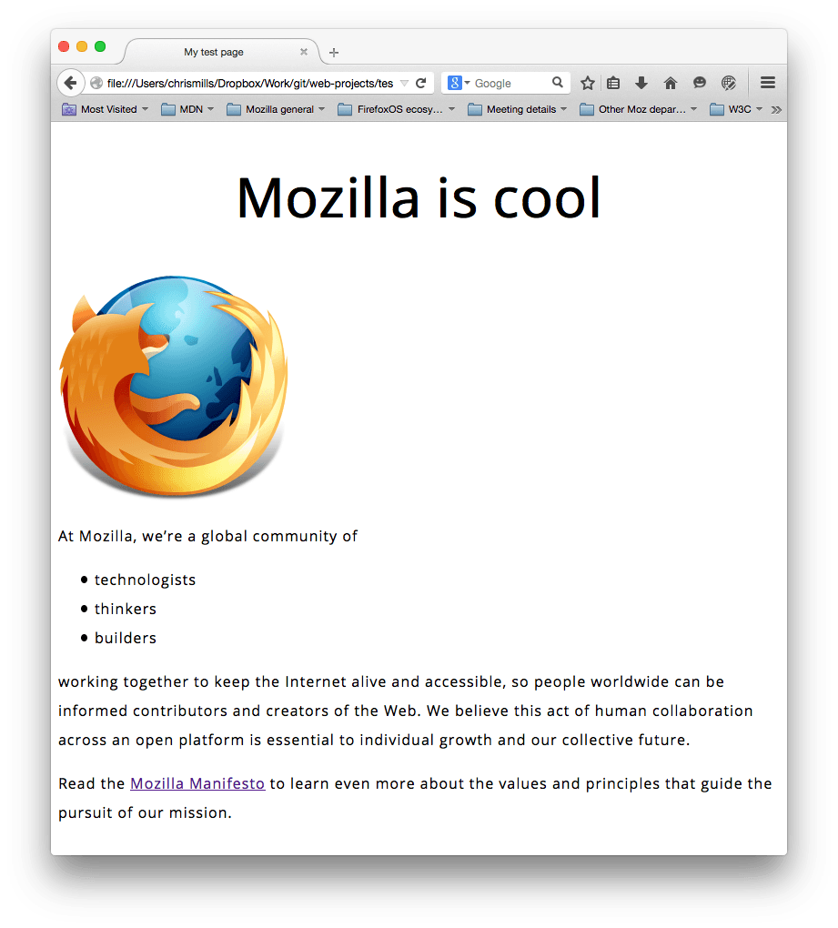 Firefoxのロゴといくつかの段落。 sans-serif フォントが設定され、フォントの大きさ、行の高さ、文字の間隔が調整され、メインページの見出しが中央に配置されています。