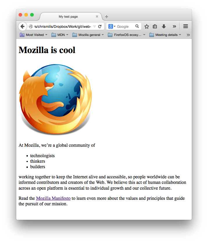 Webページのスクリーンショットで、 Firefox のロゴ、「Mozilla is cool」という見出し、そして 2 段落のテキストが表示されています。